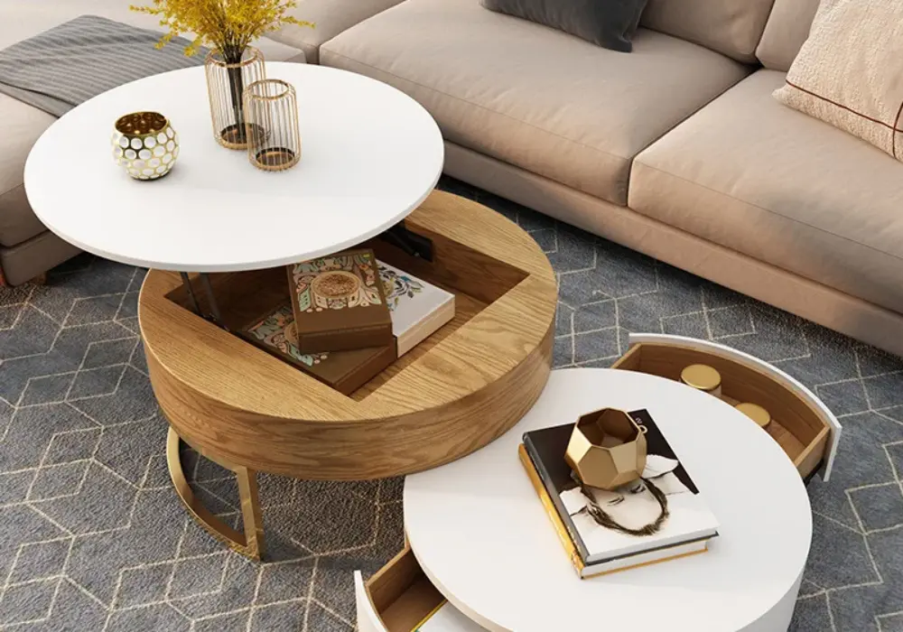 Nesnesis Modern Round Lift-top Nesting Wood Coffee Tables with 2 Drawers White & Natural