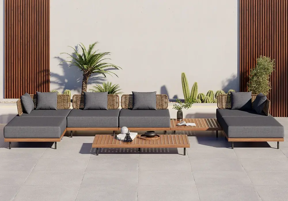 8 PiecesTeak & Aluminum & Rattan Outdoor Sectional Sofa Set with Coffee Table