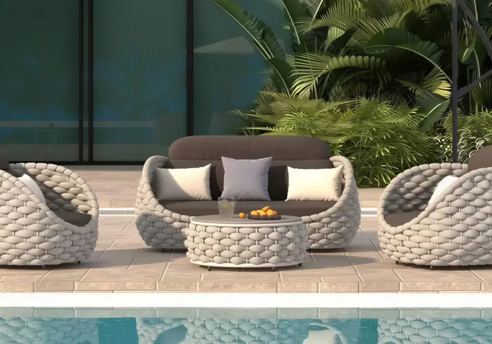 Cocaro 4-Piece Outdoor Rope Weave Swivel Sofa Set with Coffee Table in Dark Gray