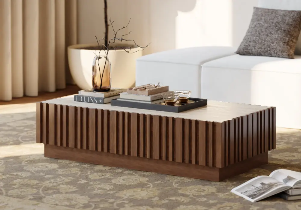 Aura 1194 mm Ash Wood Slatted Coffee Table with Sintered Stone Top