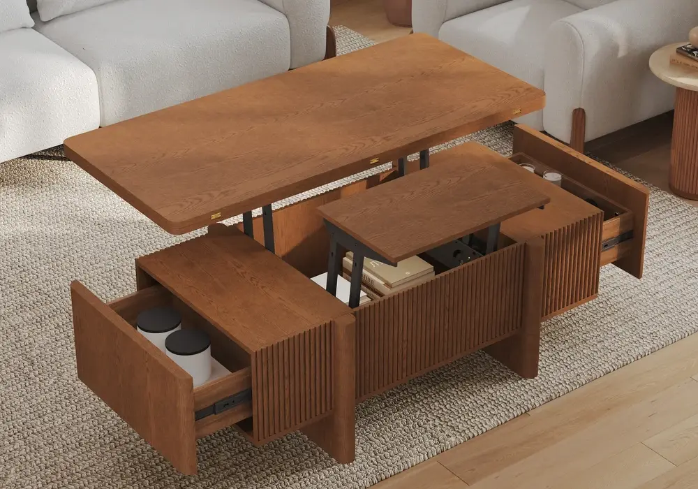 Lineva 1194 mm Fluted Lift-Top Walnut Coffee Table with 2 Drawers
