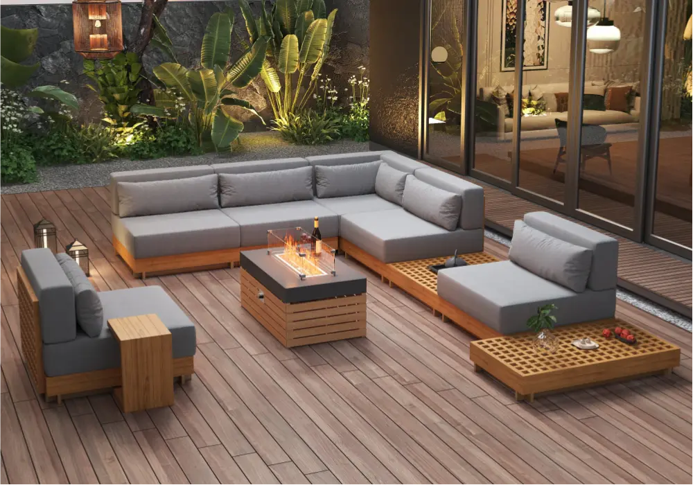 Grida 10-Pieces Premium Teak Modular L-Shaped Outdoor Sofa Set with Fire Pit in Gray