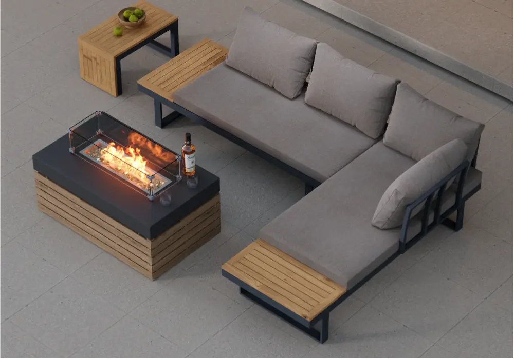 4-Pieces Modular L-Shaped Teak Sectional Outdoor Sofa Set with Fire Pit in Gray
