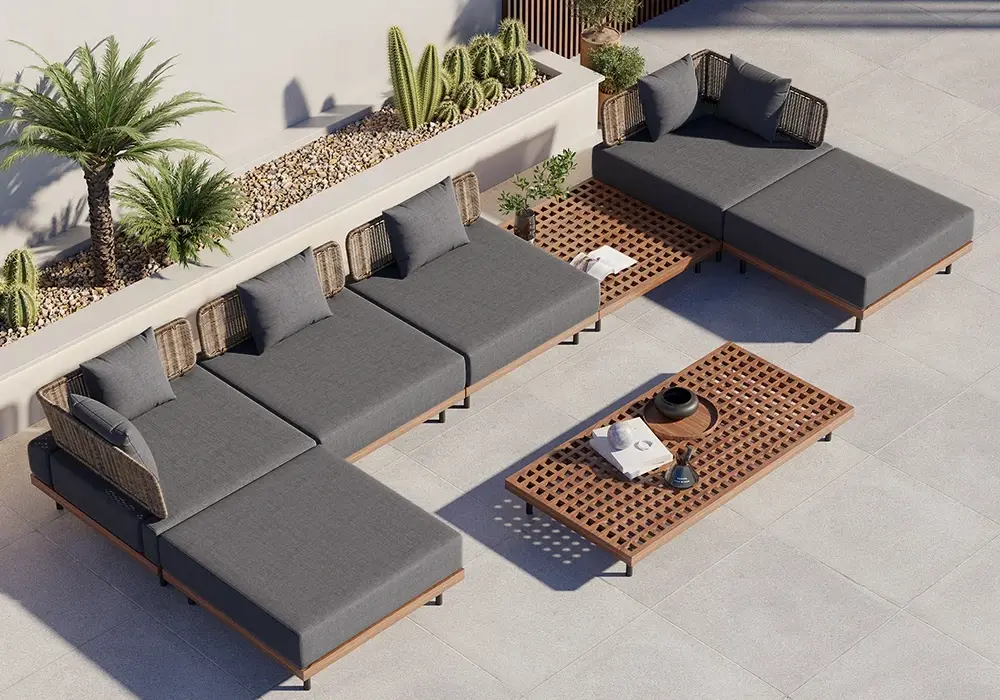 8 PiecesTeak & Aluminum & Rattan Outdoor Sectional Sofa Set with Coffee Table