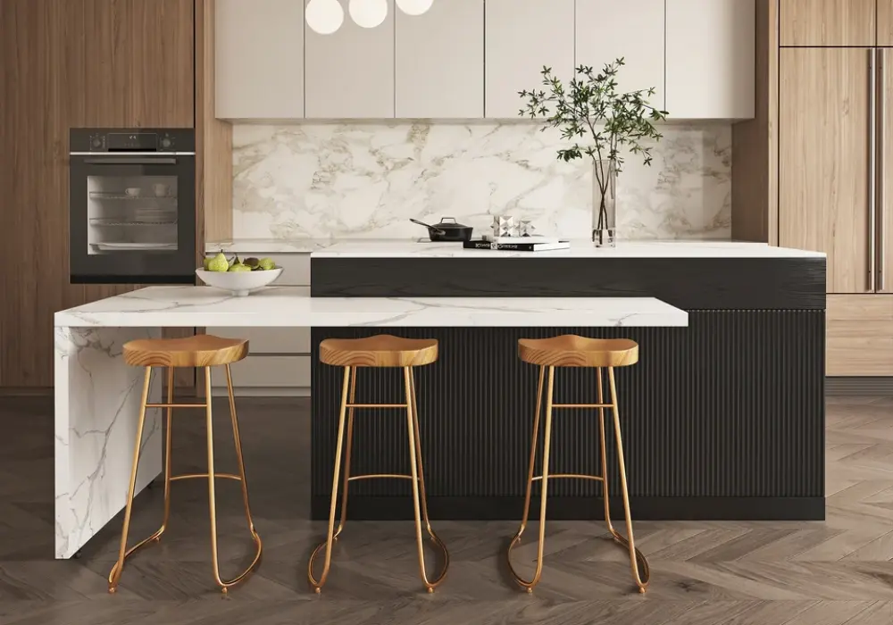 Modern 81–106 Extendable Marble Pattern Kitchen Island with Doors & Drawers, Black