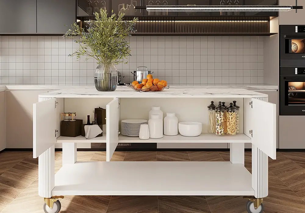 Modern 1524 mm Wood Kitchen Island with Wheels & Cabinets