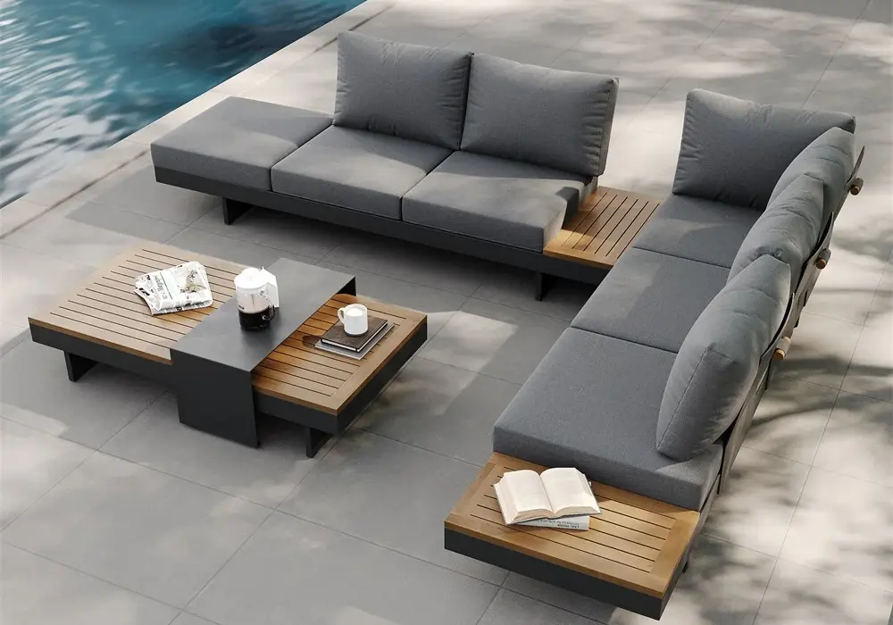 Tevara 4-Piece Outdoor Teak & Aluminum Modular Sofa Set with Coffee Table for 6 in Gray