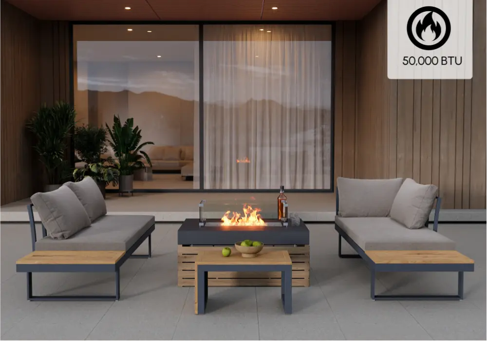 4-Pieces Modular L-Shaped Teak Sectional Outdoor Sofa Set with Fire Pit in Gray