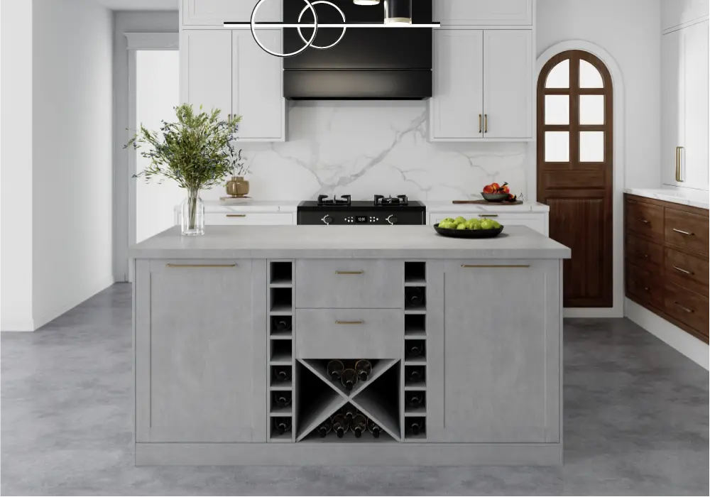 Modern 1499 mm Wood Kitchen Island with Wine Storage, Concrete Gray