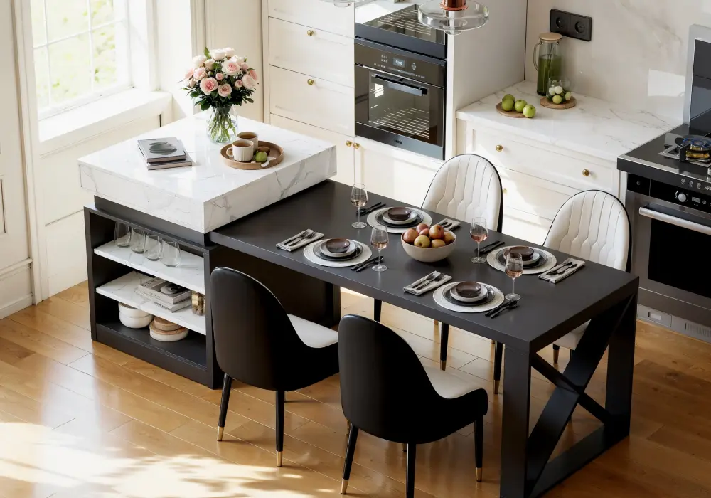 Modern 73-93 Extendable White & Black Kitchen Island with Dining Table, Seats 4
