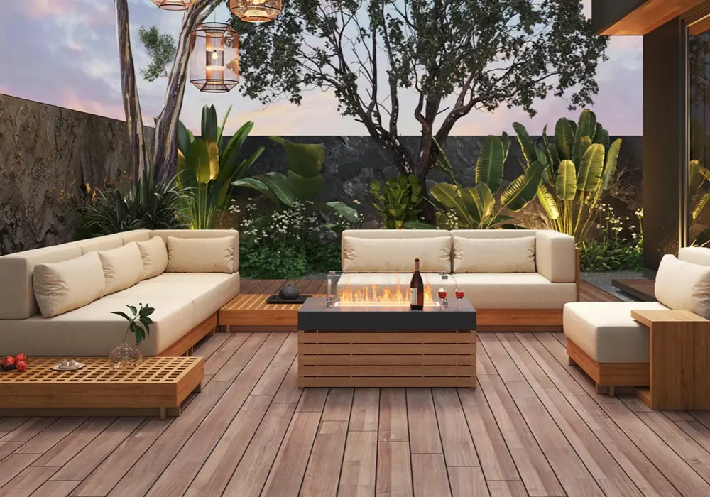 10-Pieces Premium Teak Modular L-Shaped Outdoor Sofa Set with Fire Pit in Beige