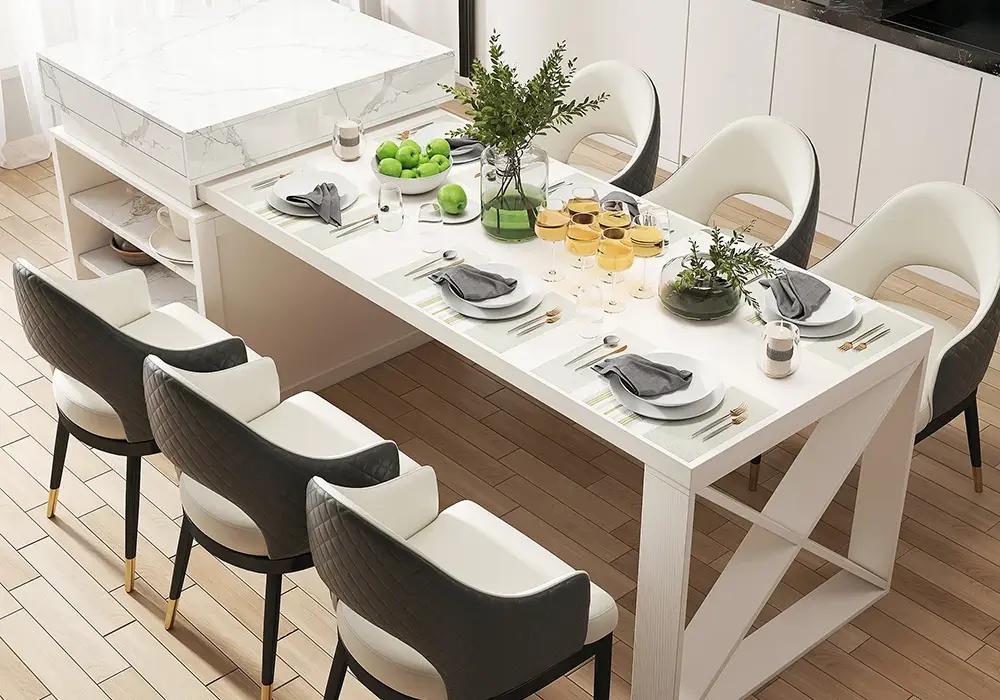 1854 mm-2362 mm Extendable Modern White Kitchen Island MDF with Storage Kitchen Cabinet