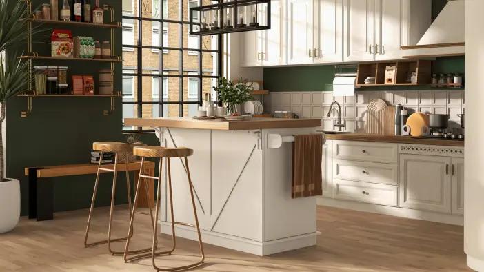 Industrial & Nordic Style Kitchen Design in Gold & Wood Tones with Metal & Wooden