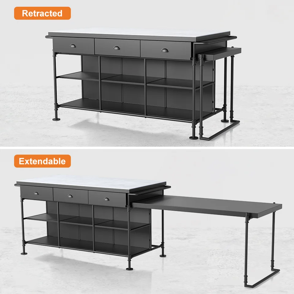60 Industrial Extendable Faux Marble Kitchen Islands Black with 3-Drawer