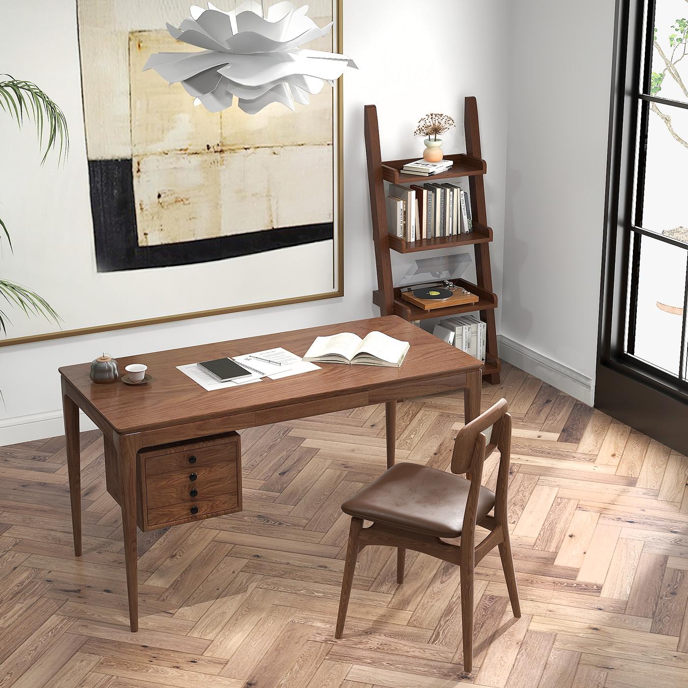 Scrivania rettangolare in frassino color noce con 3 cassetti, 140 cm Immagine della finestra