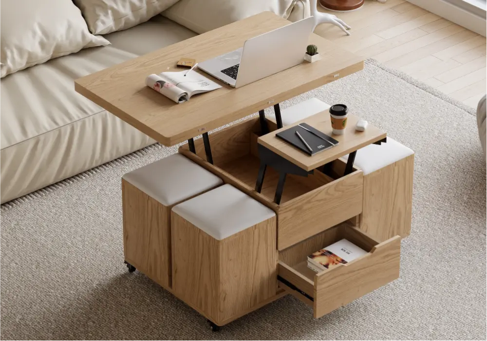 39" Lift-Top Foldable Natural Coffee Table with 4 Stools & Storage