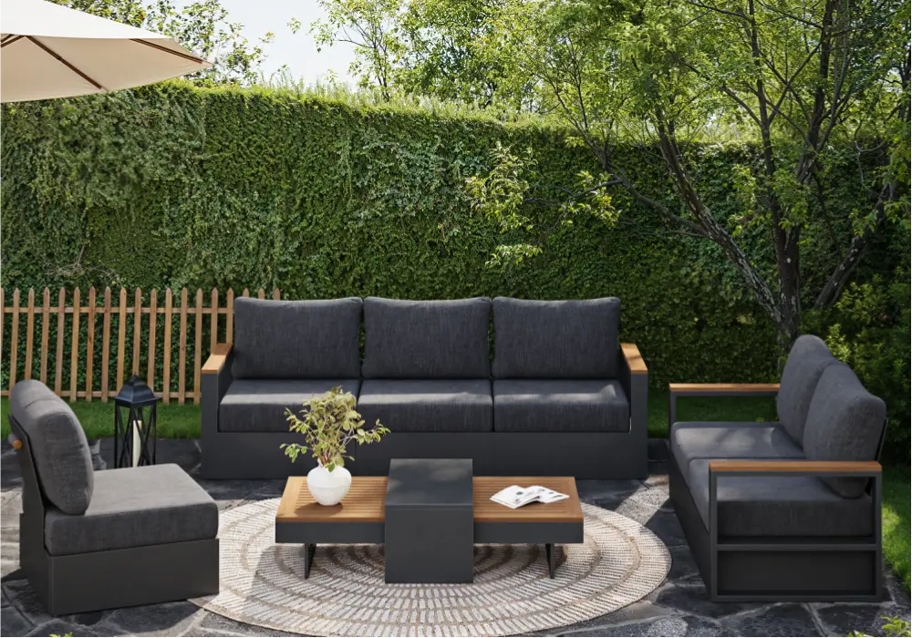 Tevara Convertible Outdoor Sectional Sofa Set with Teak & Aluminum Frame, Gray