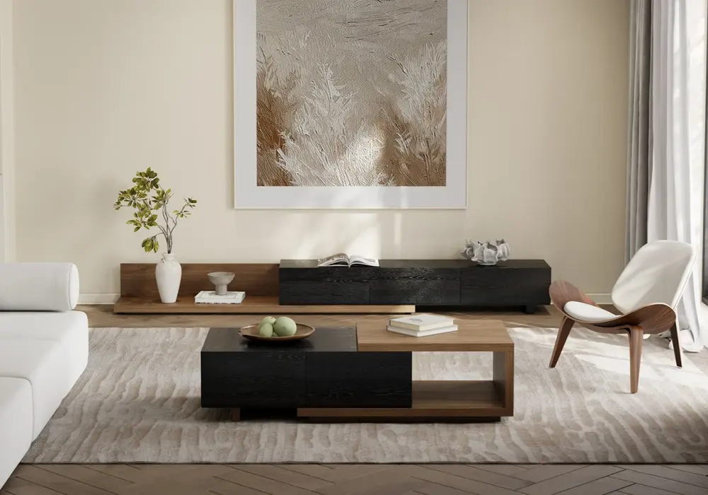 Modern & Minimalist Living Room Design in White  Black  Wood Tones with Wooden & Metal