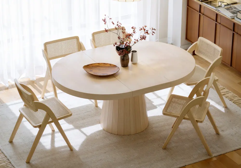 Japandi 39–55 Extendable Round-to-Oval Wood Dining Table–Whitewash, Seats 4-6