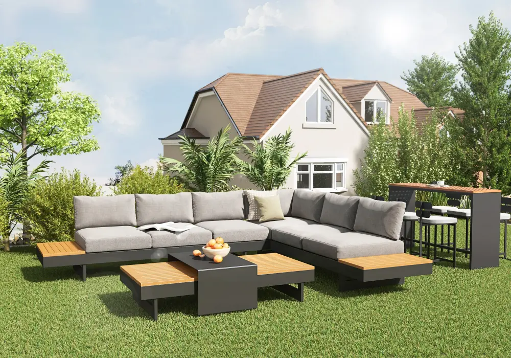 Tevara 4-Piece Outdoor Teak & Aluminum Modular Sofa Set with Coffee Table for 6 in Gray