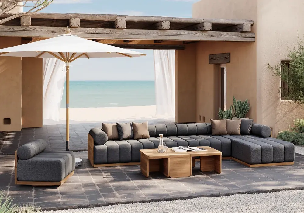 Resaro 8-Piece Outdoor Modular Natural Teak Sectional Fluted Sofa Set in Gray