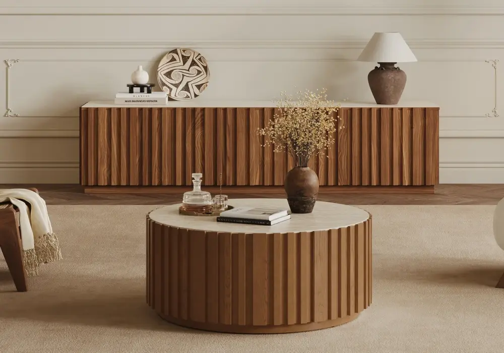 Aura 35" Ash Wood Slatted Round Coffee Table with Sintered Stone Top