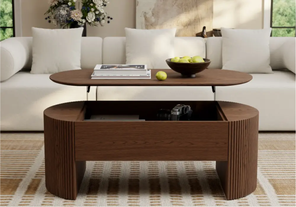 Modern 47" Walnut Oval Fluted Coffee Table with Lift-top