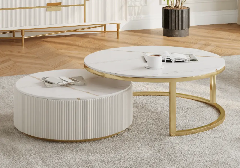 28"-35" Round Nesting Coffee Table Set with Sintered Stone Top & Drawer