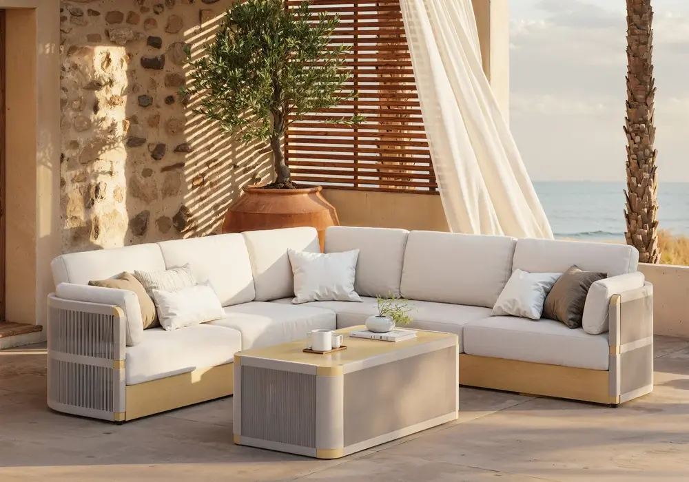 Costra Handwoven Rope L-Shaped Outdoor Sofa with Coffee Table in Ivory