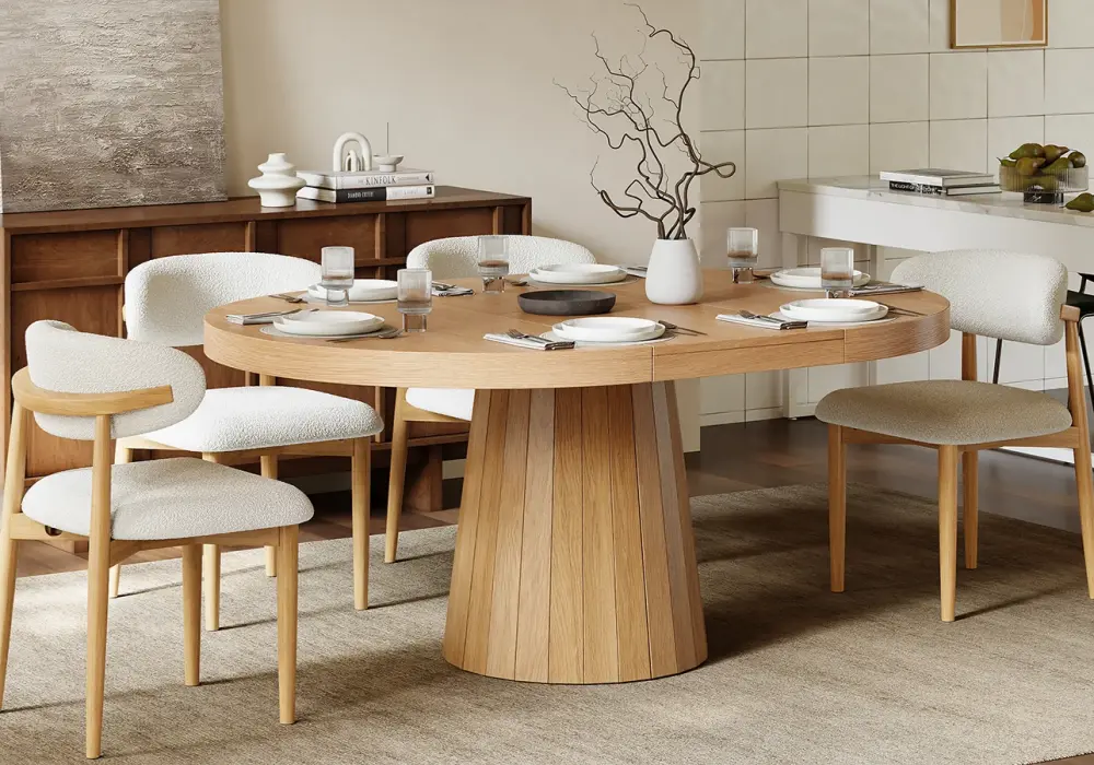 Modern Minimalist Japandi Style Dining Room Design in Beige White Brown with Wooden Glass Stone