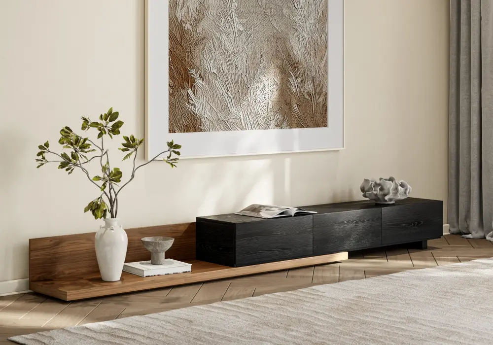 Extendable Floor Walnut TV Stand with 3 Drawers(84-110)