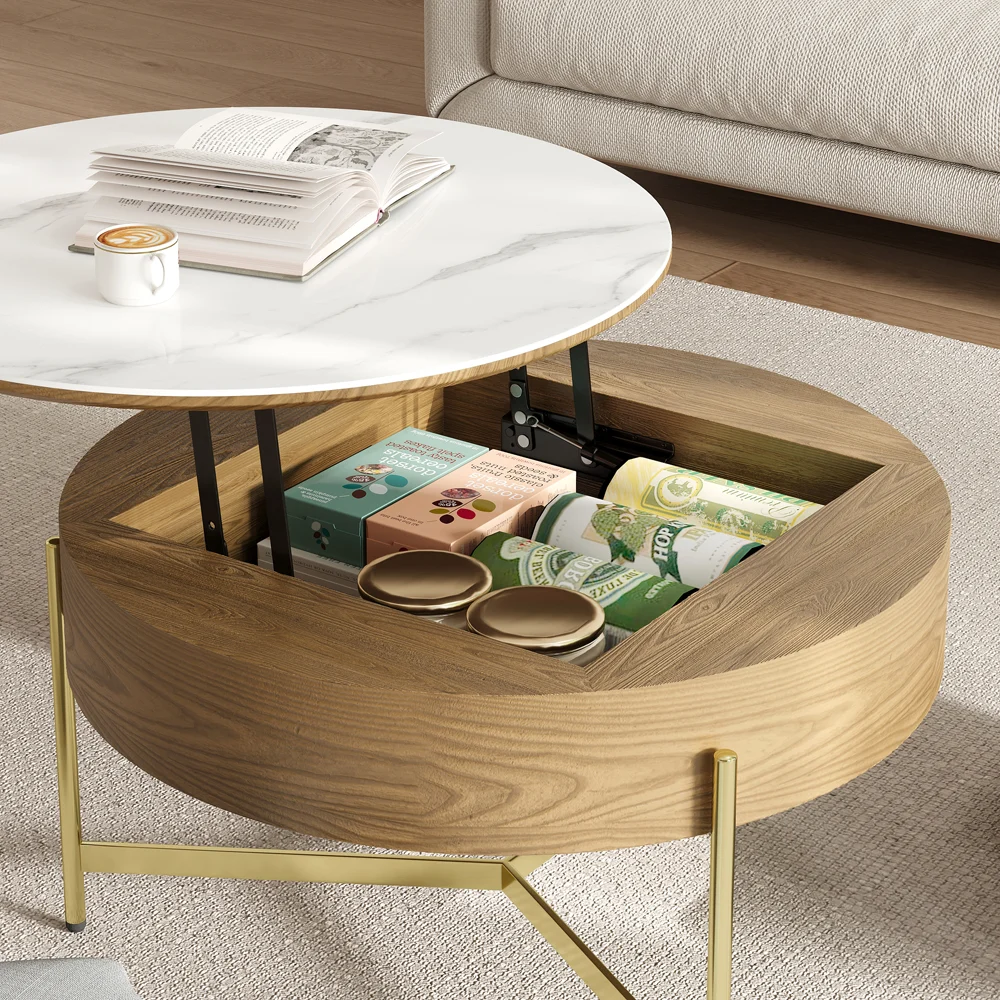 Modern 32 Round Lift-top Coffee Table with Tempered Glass Top 