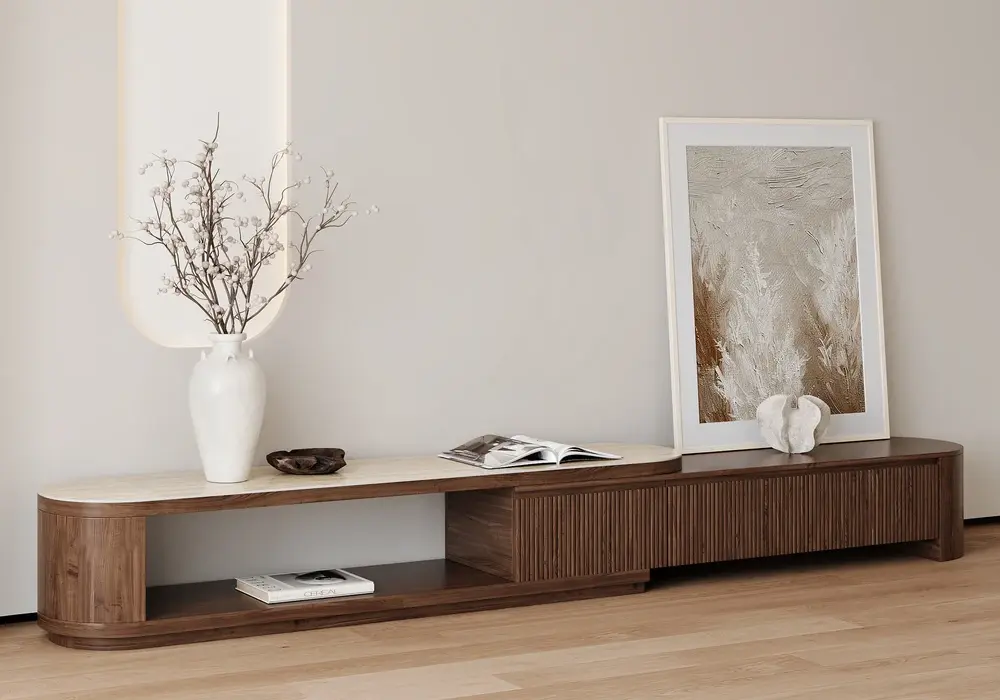 Velar 71"-114" Extendable Fluted TV Stand with Sintered Stone Top & 3 Drawers