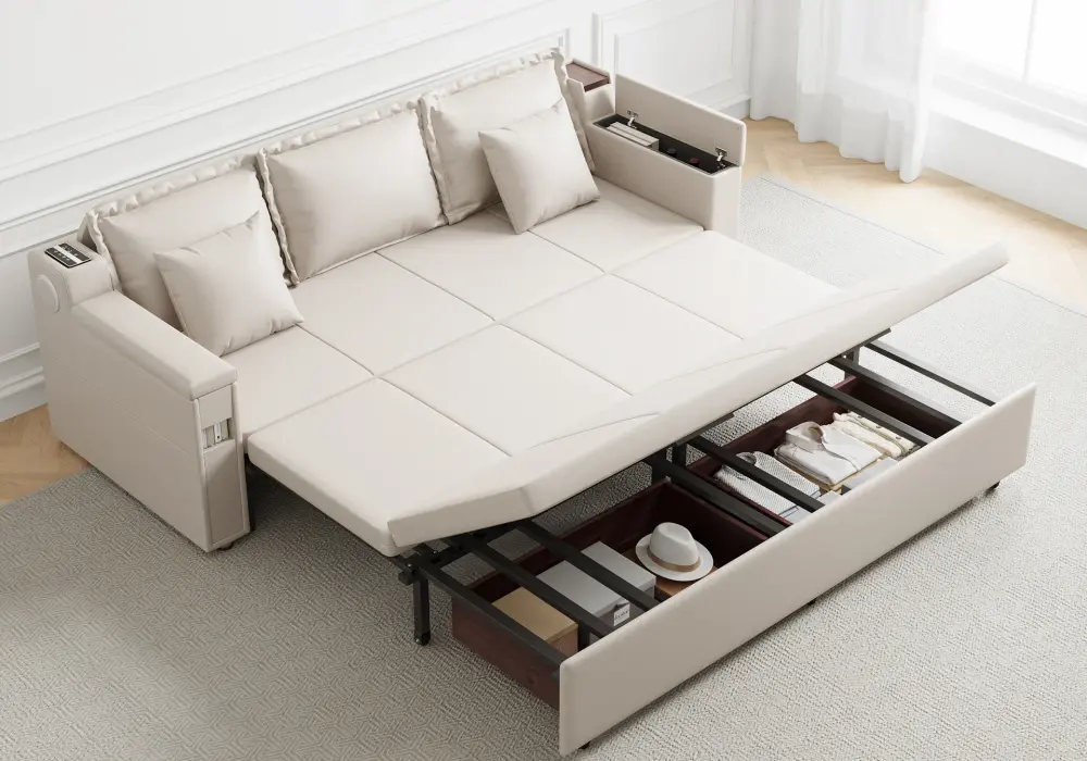 83 King 3-Seater Leather Sleeper Sofa with Speaker & USB Ports