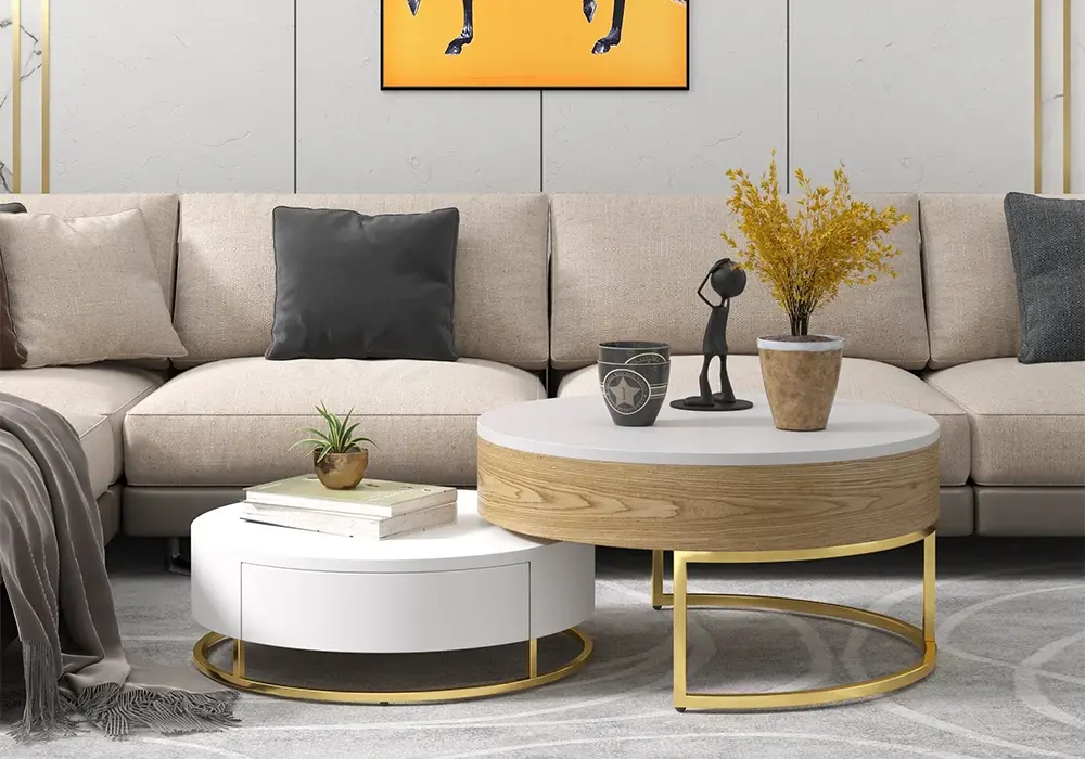 Nesnesis Modern Round Lift-top Nesting Wood Coffee Tables with 2 Drawers White & Natural