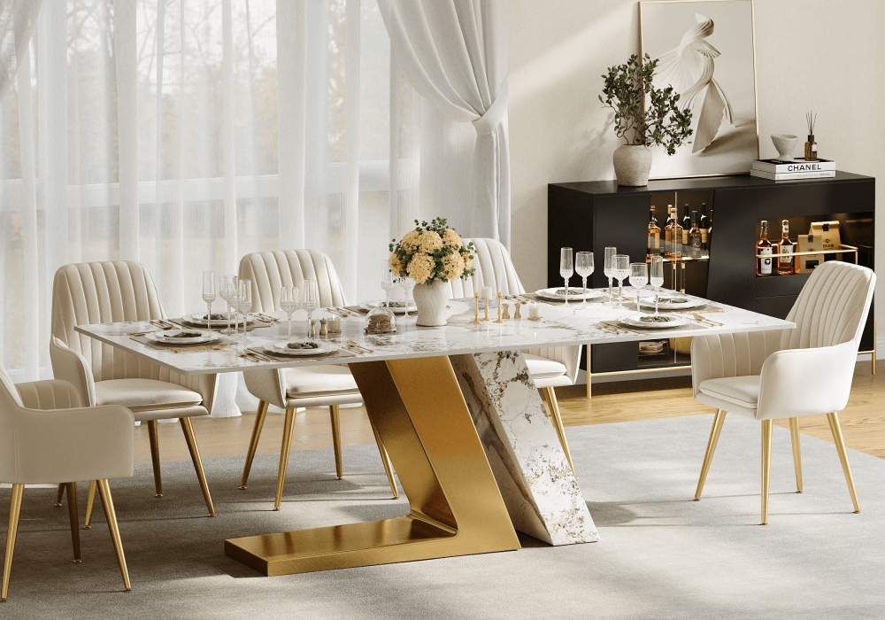 Modern Glam Luxurious Dining Room Design in White Black Gray Gold with Leather Stone Metal Glass