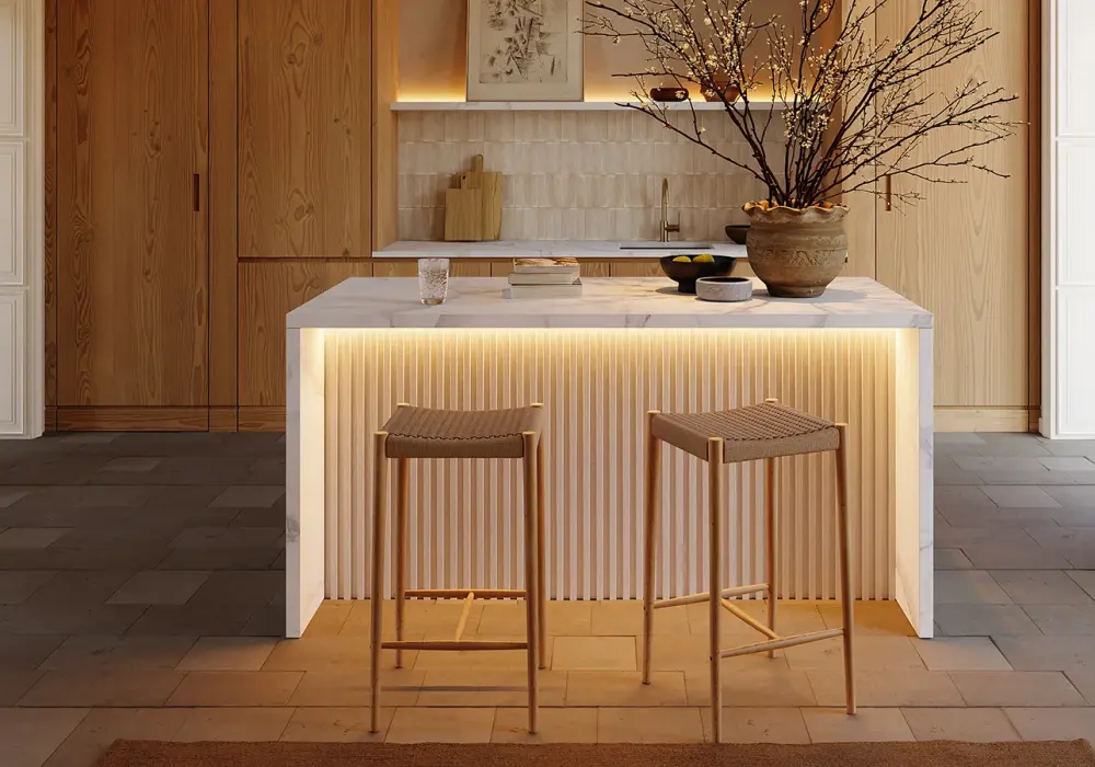 Modern 72" White Kitchen Island with Storage & LED Light, Waterfall Edge