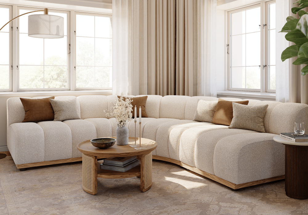 Modern & Minimalist Living Room Design in Beige  Brown  Wood Tones  White with Wooden  Metal  Cotton