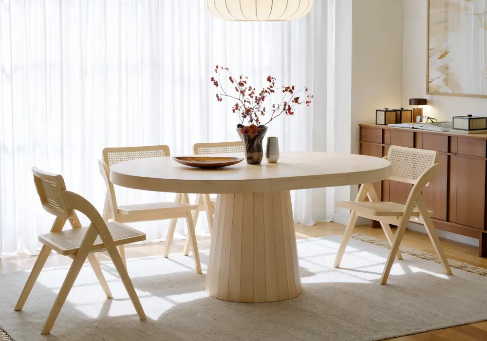 Japandi 39–55 Extendable Round-to-Oval Wood Dining Table–Whitewash, Seats 4-6