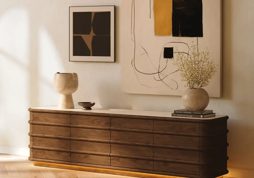 80" Ash Wood Walnut TV Stand with Sintered Stone Top, Drawers & LED
