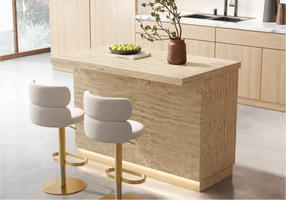 Island & Stool Set 72" Japandi Wood Kitchen Island with 2 Counter Stools
