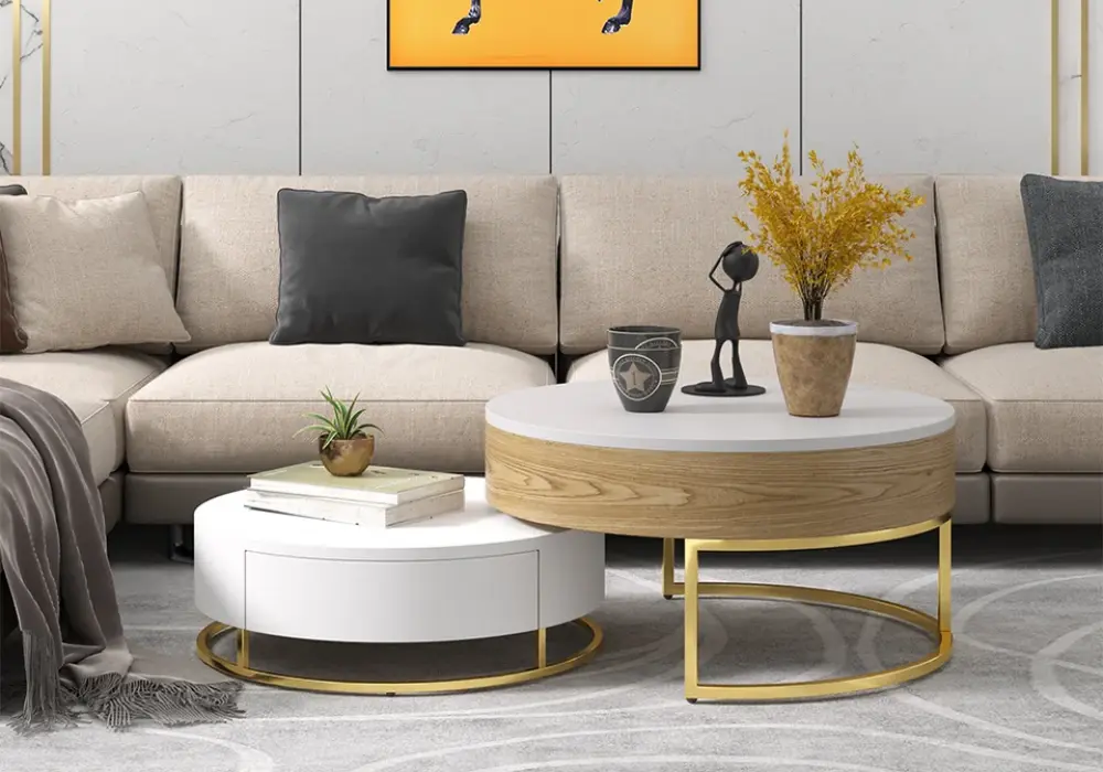 Nesnesis Modern Round Lift-top Nesting Wood Coffee Tables with 2 Drawers White & Natural