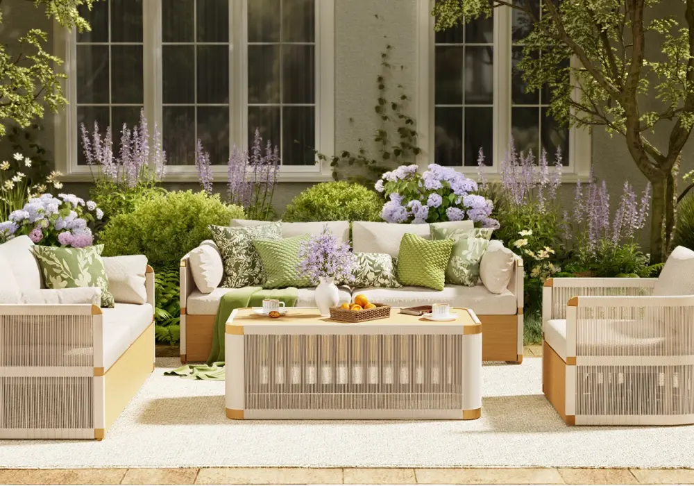 Modern & Minimalist Outdoor Design in White  Beige  Green with Wooden  Cotton  Rattan