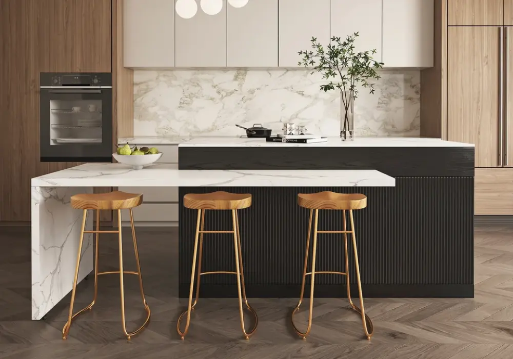 Modern 81–106 Extendable Marble Pattern Kitchen Island with Doors & Drawers, Black