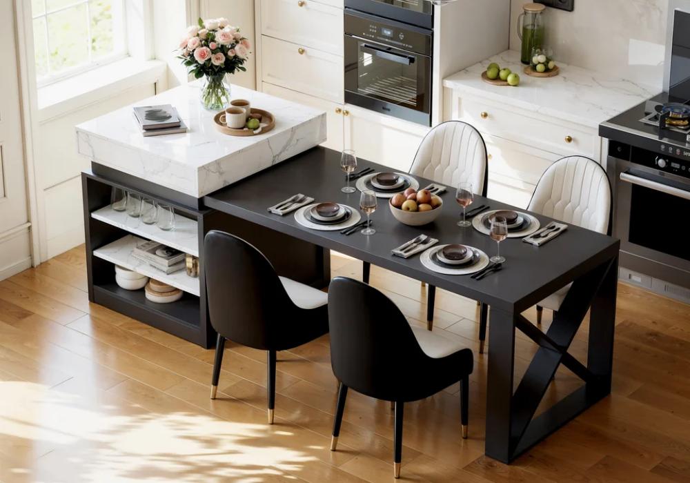 Modern 73-93 Extendable White & Black Kitchen Island with Dining Table, Seats 4