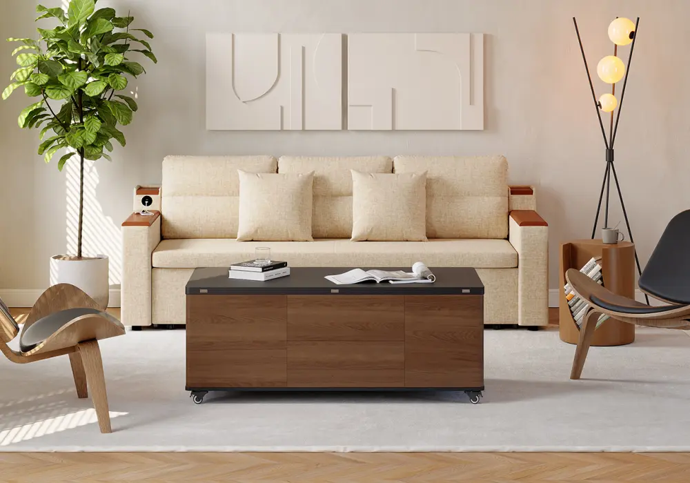 Modern  Minimalist  Nordic Style Living Room Design in White  Beige  Wood Tones  Green with Wooden & Cotton