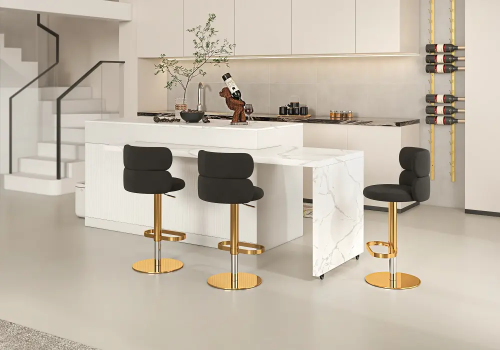 Modern Kitchen & Home Bar Design in Black  White  Gold with Metal  Sintered Stone  Velvet