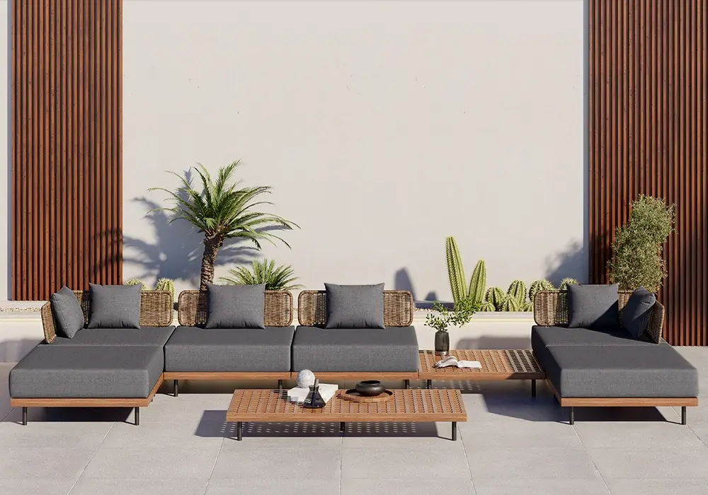 8 PiecesTeak & Aluminum & Rattan Outdoor Sectional Sofa Set with Coffee Table