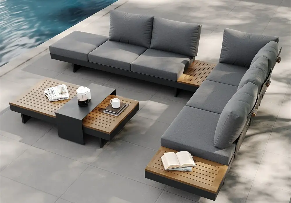 Tevara 4-Piece Outdoor Teak & Aluminum Modular Sofa Set with Coffee Table for 6 in Gray