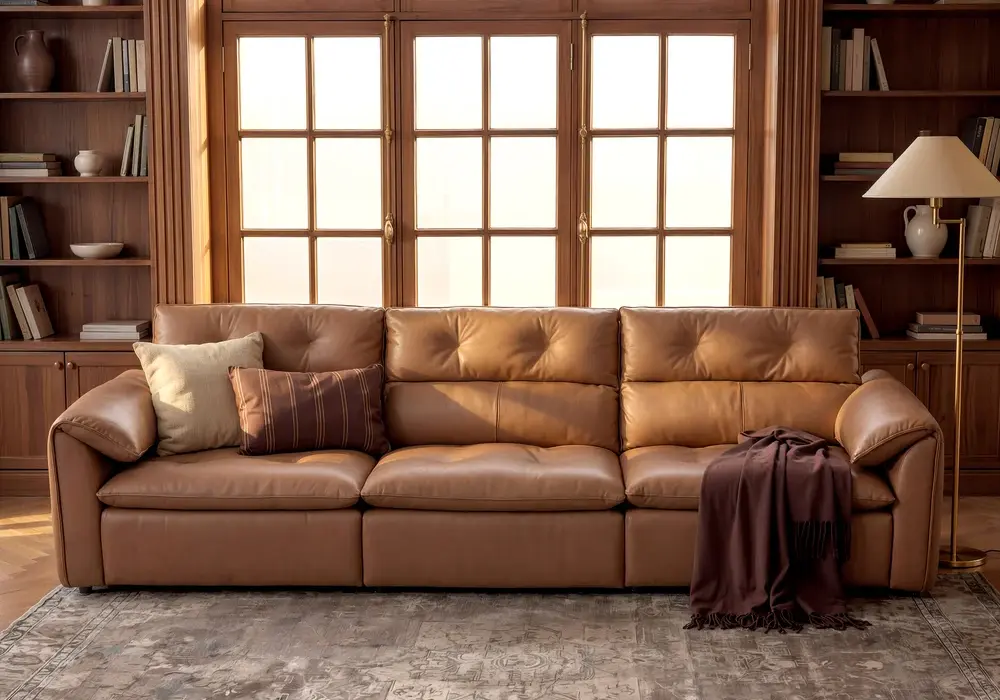 3200mm 3-Seater Genuine Leather Power Convertible Sleeper Sofa with Adjustable Headrests